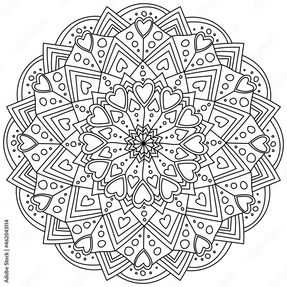 Fantasy mandala with hearts, circles and ornate patterns, meditative coloring page for Valentines day