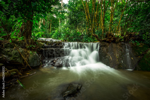 The natural background of waterfalls that blur the flow of water  with various tree species surrounded and boulders of various sizes  the beauty of the ecosystem and the jungles of forests.