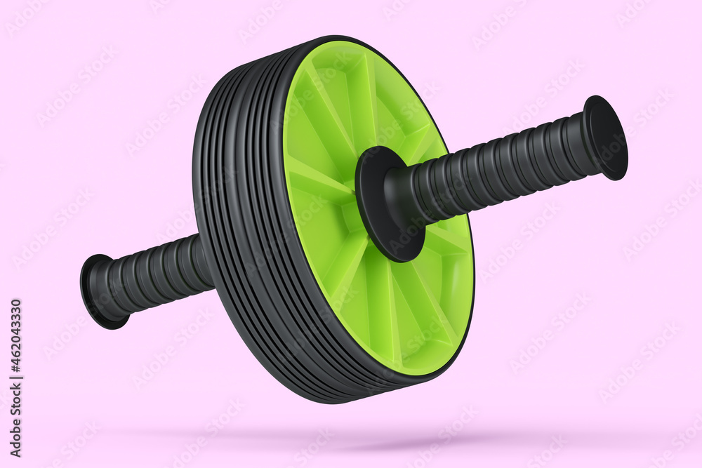AB roller for abdominal muscles isolated on pink background.
