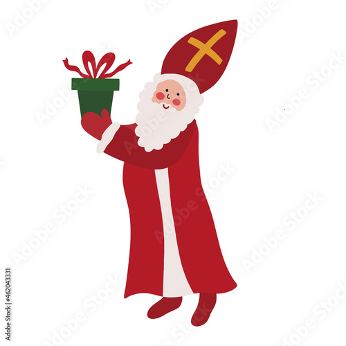 Saint Nicholas - Sinterklaas - Dutch Santa - old man with beard in red mantle and mitre with gift. Cute vector Christmas children character in simple hand drawn style