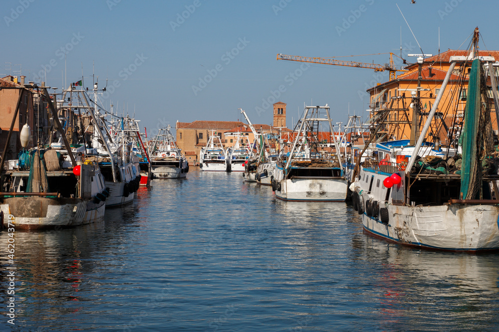 Fishing boats in the harbor of Chioggia, venetian lagoon, Venice, Veneto; Italy