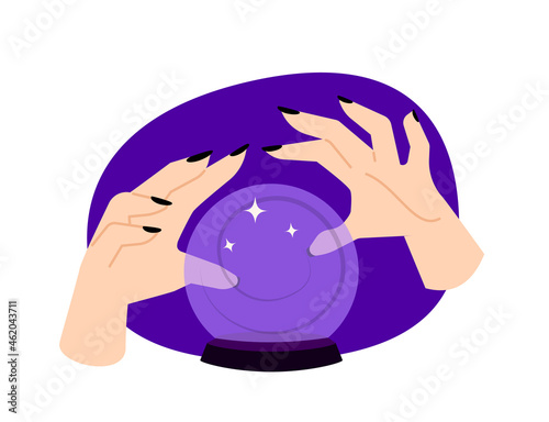 Female hands with black nails with crystal ball. Mystical vector flat illustration. Halloween concept and decoration. Magical sphere and fortune teller. Future telling and spiritual experience.