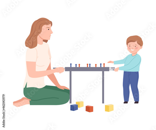 Mom and son playing soccer board game together. Family spending time together and gaming cartoon vector illustration