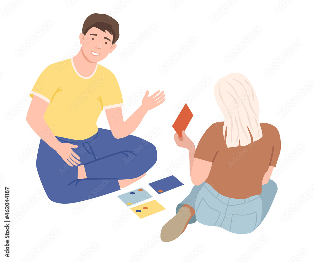 Couple playing jenga game. Family spending pastime together at home cartoon vector illustration