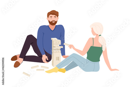 Couple playing jenga game. Family spending pastime at home together cartoon vector illustration