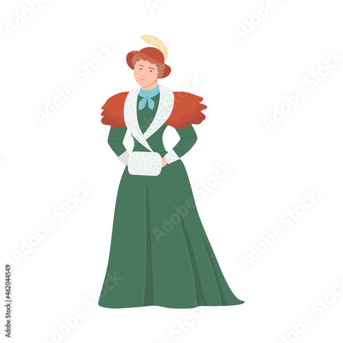 Woman in historical costume of 19th century. Victorian fashion cartoon vector illustration