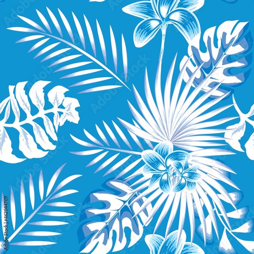 sky blue background vector design fashionable with tropical seamless pattern palm leaves, monstera leaf and abstract flowers in monochromatic color style. Exotic tropics. Summer