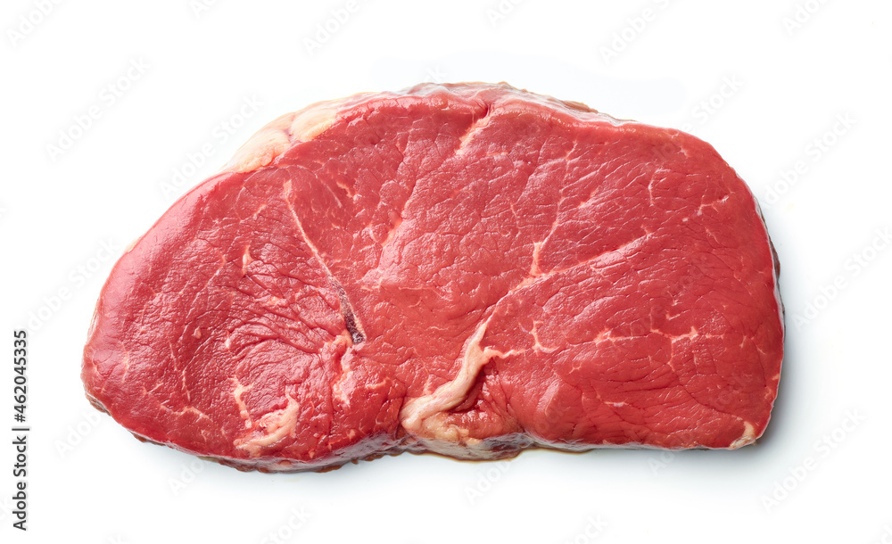 Raw steak meat isolated on white, from above