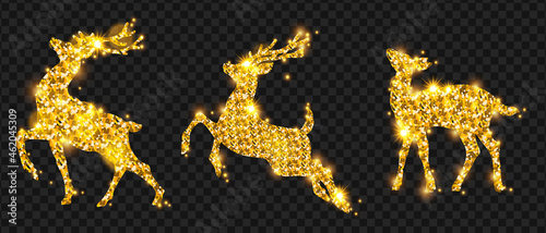 Golden Christmas deer glitter silhouette set, winter holiday reindeer decoration design, sparks, star. X-mas magic animal greeting decor, Noel celebration stag, season card items. Golden deer logo