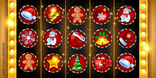 Casino Christmas 5-reel slot game icon set, vector gambling machine background, x-mas holiday winter object. Online UI design element, Santa Claus hat, pine tree, golden lamp. Lucky slot game badge