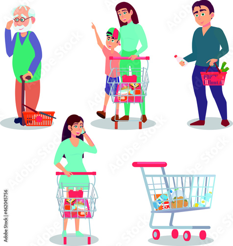 Vector graphics: shoppers in a supermarket