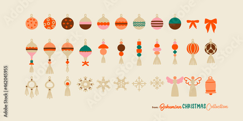 Christmas tree decorations set of Christmas ball, bows, snowflakes, angels and a bell. Cute clipart in vector cartoon design with vintage vibes.