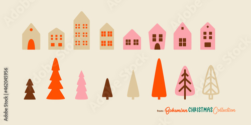 Christmas Trees and Houses in simple doodle style with Boho Christmas spirit. Vector clipart set great for winter landscapes and backgrounds.