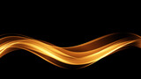 Golden shiny wave element on black background. Abstract stream of golden lines