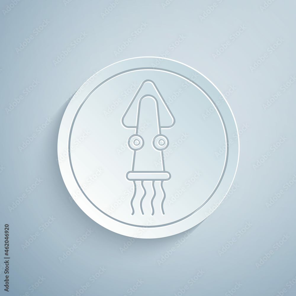 Paper cut Octopus on a plate icon isolated on grey background. Paper art style. Vector. Paper cut Octopus on a plate icon isolated on grey background. Paper art style. Vector.