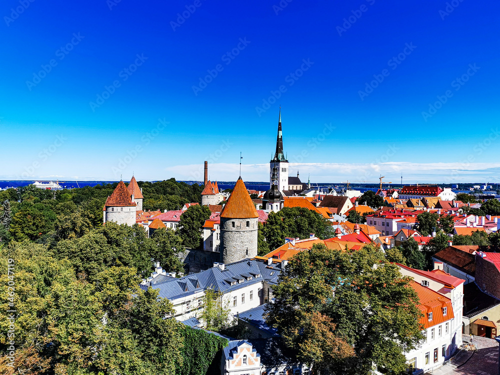 Aerial view over the old town of Tallinn, Estonia with blue sky