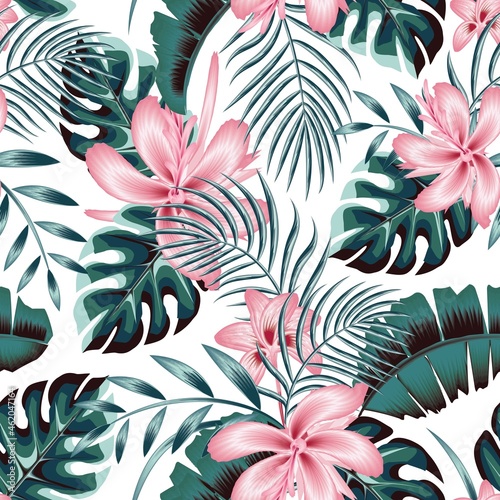Fototapeta Naklejka Na Ścianę i Meble -  green monstera leaves monochromatic color and pink abstract flowers tropical seamless pattern plant foliage suitable for shirt cloth summer themed. Exotic tropics. wallpaper decor