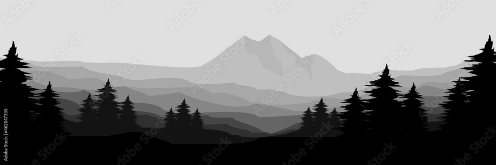 monochrome mountain landscape forest silhouette good for wallpaper, background, backdrop, banner, header, tourism design, mountain travel design and design template