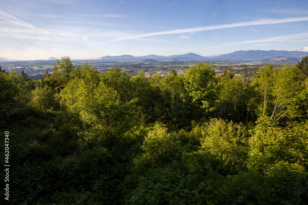 Skyline of Burlington and Mount Vernon in Washington. View from Little Mountain Park during Summer.