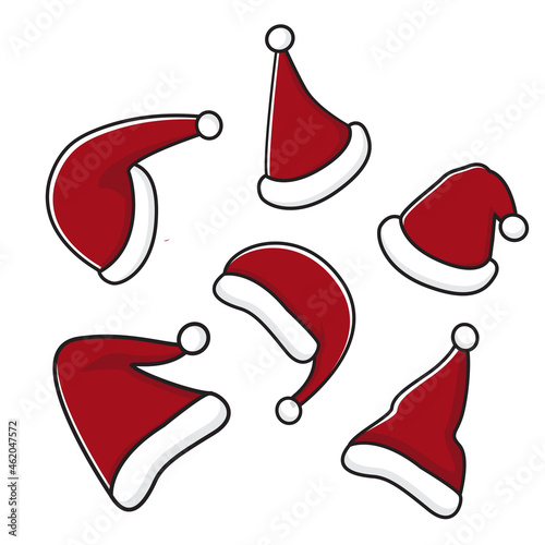 Santa Claus red hat set. Christmas holiday clothes elements on a white background