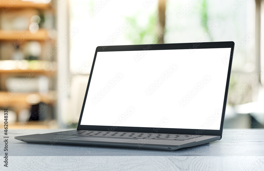 Laptop PC with blank screen on white wooden table in the home interior - 3d illustration, angled perspective position mockup template Laptop PC with blank screen on white wooden table in the home interior - 3d illustration, angled perspective position mockup template