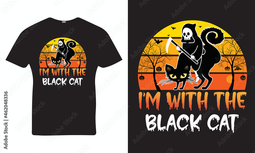 I'm With The Black Cat - Halloween T-shirt Design, Vector, Vintage T-shirt, Sunrise Background 