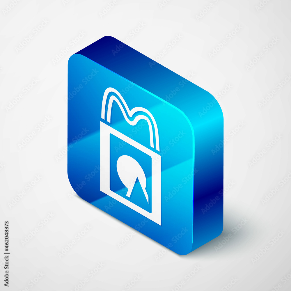 Isometric Paper shopping bag icon isolated on grey background. Package sign. Blue square button. Vector Isometric Paper shopping bag icon isolated on grey background. Package sign. Blue square button. Vector