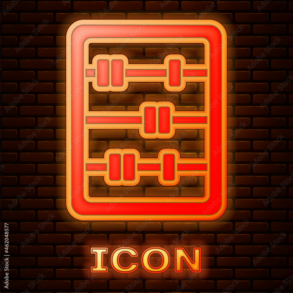 Obraz premium Glowing neon Abacus icon isolated on brick wall background. Traditional counting frame. Education sign. Mathematics school. Vector