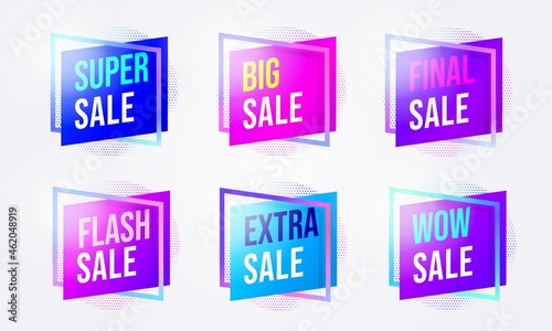 Sale promotion badge sticker for marketing campaign set. Super, big, final, flash, wow, extra sale tag with special offer discount vector illustration isolated in white background