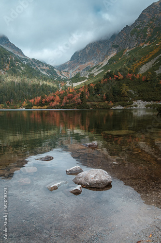 Hiking path at Tatramountains. Autumn colors Foggy, cloudy weather after rain. Mountain shelter in a valley. Slovakia Popradske Pleso. photo