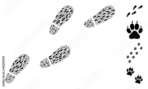 Vector human footprints trail mosaic is created from random recursive human footprints trail items. Recursive mosaic of human footprints trail. photo