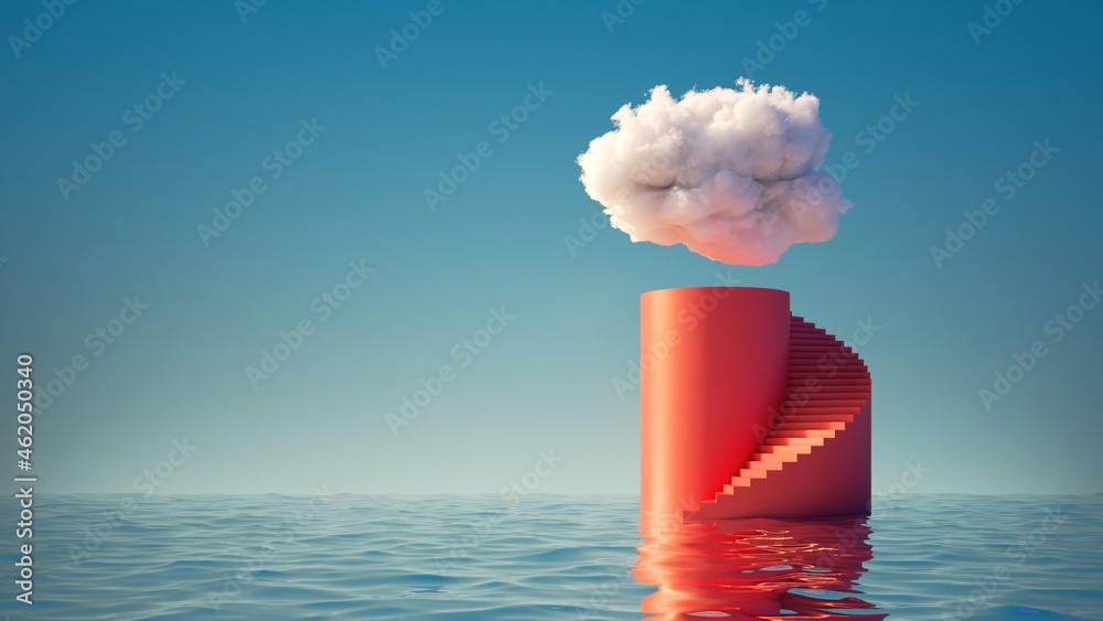 3d render, abstract minimal background. White cloud in the blue sky above the red cylinder podium with steps, empty pedestal and water. Simple scene for product presentation - obrazy, fototapety, plakaty 