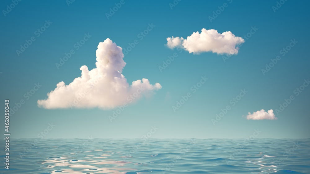 3d render, abstract simple background with seascape. White clouds in the blue sky above the calm water with reflection. Minimal panoramic wallpaper - obrazy, fototapety, plakaty 