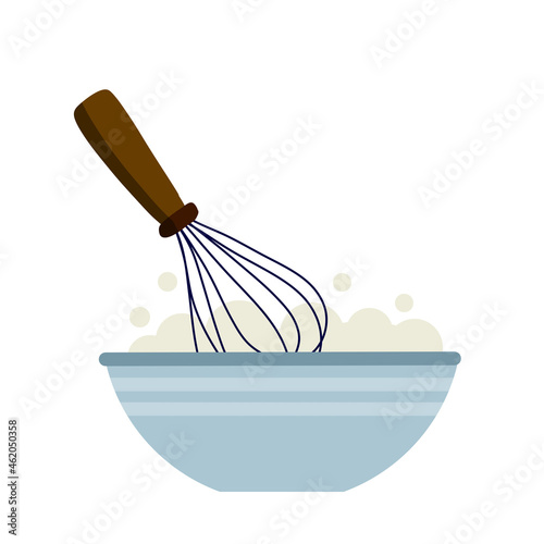 Whisk for cooking. Whipping up food. Kitchen utensils. Tool for blend ingredient in bowl or plate. Production of confectionery and pastries. Flat cartoon