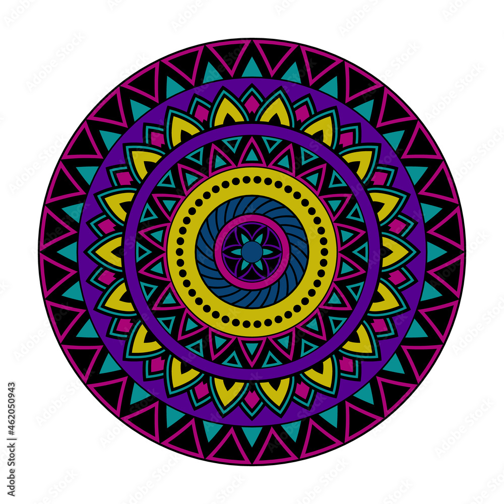 Vector mandala isolated on white background. Card with ornament in violet, red and yellow colors. Vintage decorative element for design