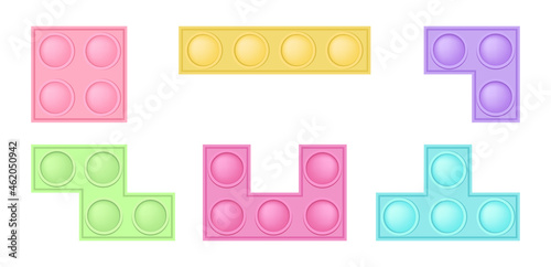 Set of popit bricks - trendy silicon fidget toys. Antistress addictive toy for fidget in pastel colors. Bubble sensory developing popit for kids fingers. Isolated cartoon vector illustration.