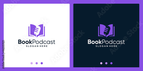 Open book logo design inspiration with microphone design logo. Premium Vector