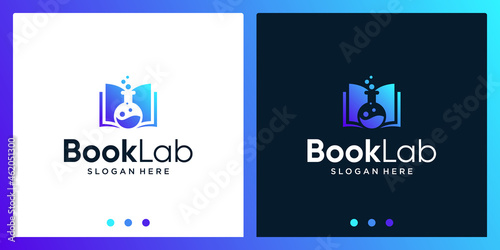 Open book logo design inspiration with laboratory bottle design logo. Premium Vector