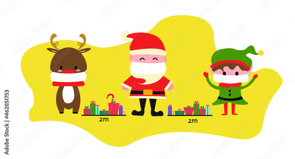 COVID-19 and social distancing infographic. New Normal Santa Claus, reindeer and elf wearing a mask stand at a distance with the gift in the middle. Vector illustration. 