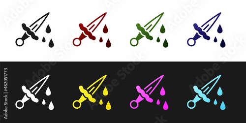 Set Sword with blood icon isolated on black and white background. Medieval weapons knight and soldier. Symbol of murder. Vector