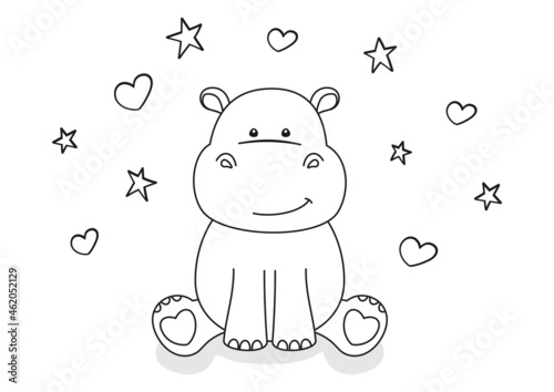 Coloring page with little sitting hippo, small stars and hearts, black and white outline elements on a white background. Vector design template for kids coloring book, poster, banner, postcard, print