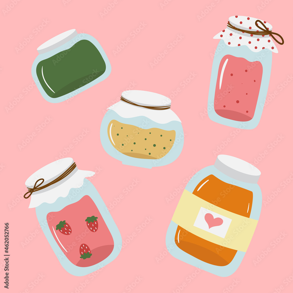 Cute hand drawn glass jars with orange, apricot, strawberry, raspberry jam. Doodle sweet preserve illustration. Homemade fruit jelly in a pot. Country style elements. Organic food icons