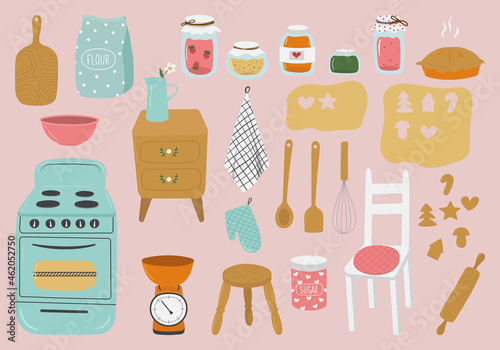 Hand drawn set of kitchen items in retro style. Doodle vector illustration of cute baking tools: flour, scales, rolling pin, dough, whisk, stove, jar. Vintage kitchenware collection
