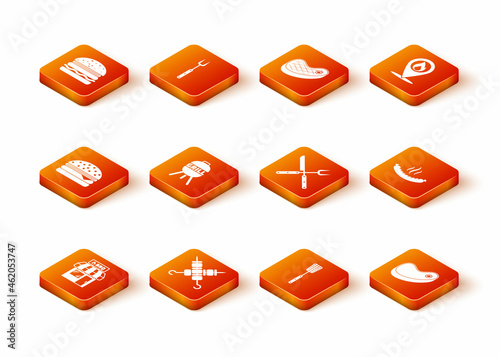 Set Barbecue shopping building, Grilled shish kebab, Burger, grill, spatula, Crossed fork and knife, Steak meat and Sausage icon. Vector