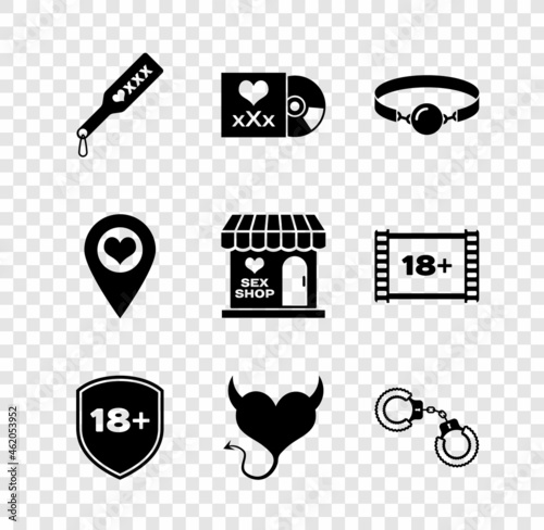 Set Spanking paddle, Disc with inscription Sex, Silicone ball gag, Shield 18 plus, Devil heart horns, Sexy fluffy handcuffs, Location and shop building icon. Vector
