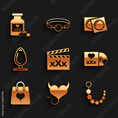 Set Movie clapper with Sex, Devil heart horns, Anal beads, Disc inscription, Shopping bag, plug, Condoms package and Bottle pills for potency icon. Vector