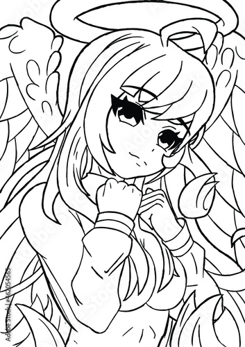 Sexy anime manga angel girl with white big wings purple hair and big breasts wearing tight clothes vector graphics line work