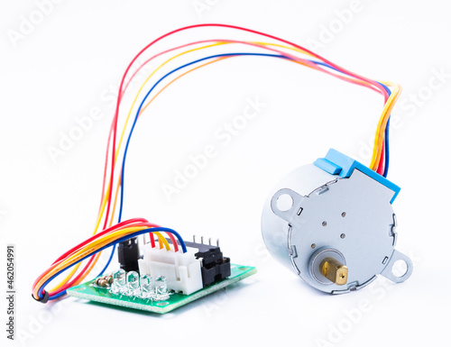 Stepper motor and controller for arduino isolated on white background.