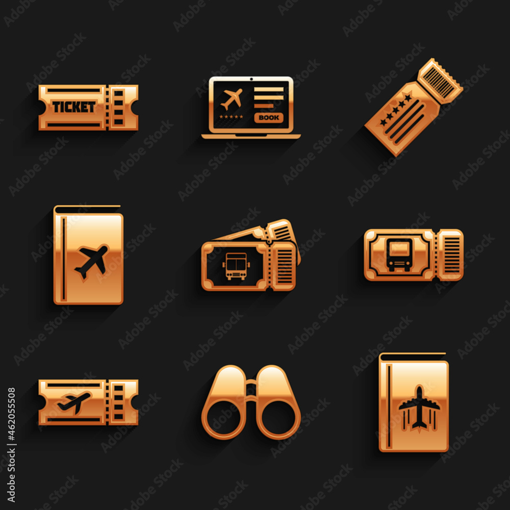 Set Bus ticket, Binoculars, Cover book travel guide, Airline, Ticket and icon. Vector Set Bus ticket, Binoculars, Cover book travel guide, Airline, Ticket and icon. Vector