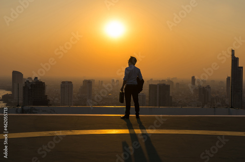 Silhouette Rear view of businessman standing with carrying the business bag and looking the vision over the cityscape background at sunset time with lens flare Business success concept